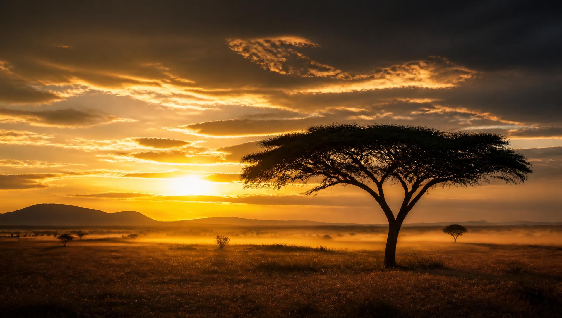 African savannah at golden sunset with a lone acacia tree