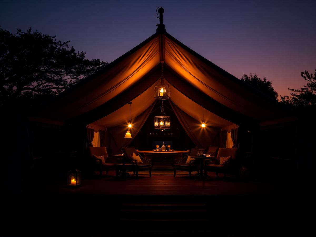 Luxury tented camp lit by lanterns at dusk